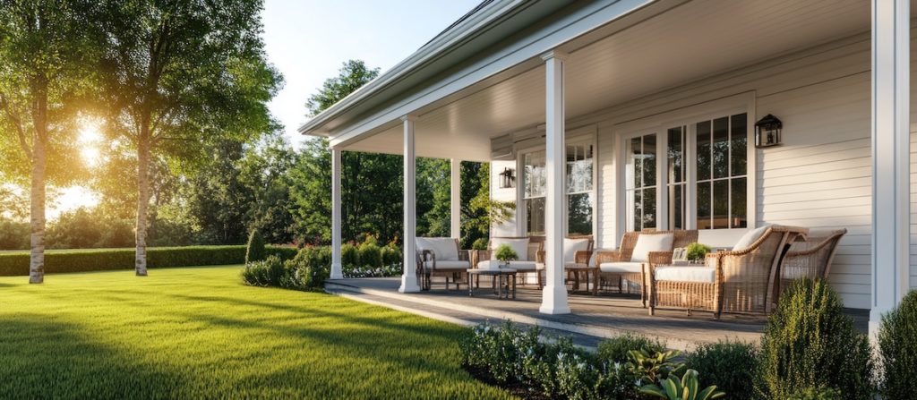 New Albany home with large porch, inviting furniture, and lush green lawn.